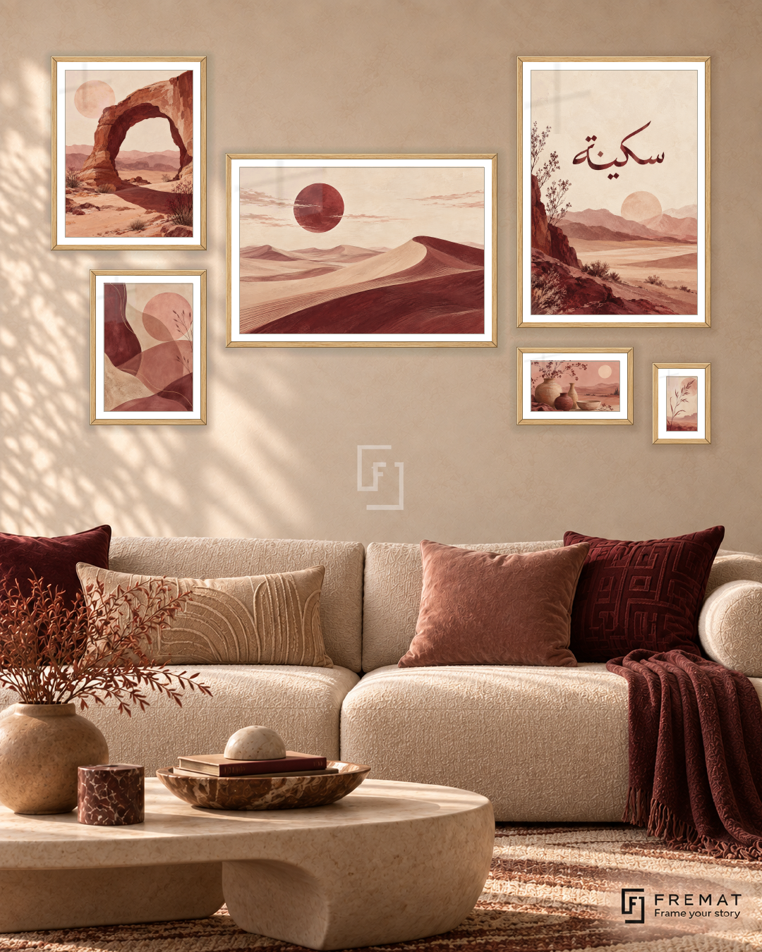Desert Poetry Statement gallery wall: 6 framed artworks in Wooden Texture, arranged across 170 × 100 cm.