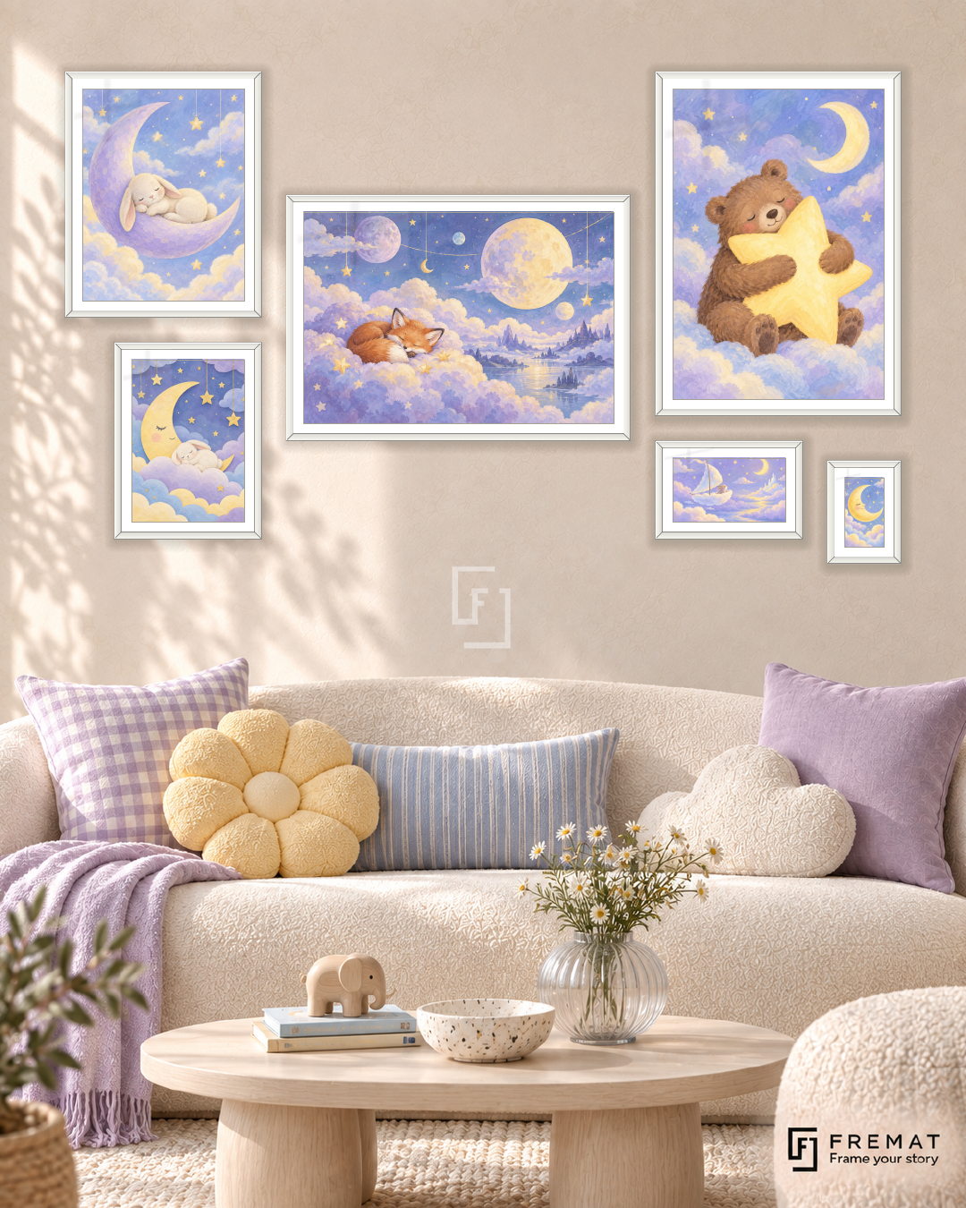 Dreamland Statement gallery wall: 6 framed artworks in White, arranged across 170 × 100 cm.