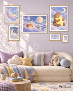 Dreamland Statement gallery wall: 6 framed artworks in Wooden Texture, arranged across 170 × 100 cm.