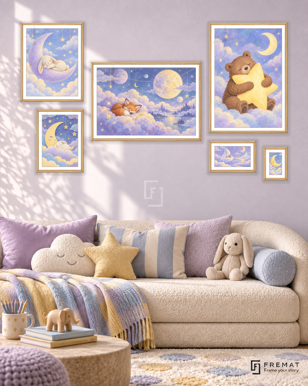 Dreamland Statement gallery wall: 6 framed artworks in Wooden Texture, arranged across 170 × 100 cm.