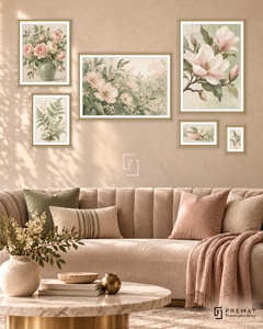 Garden Notes Statement gallery wall: 6 framed artworks in Gold, arranged across 170 × 100 cm.