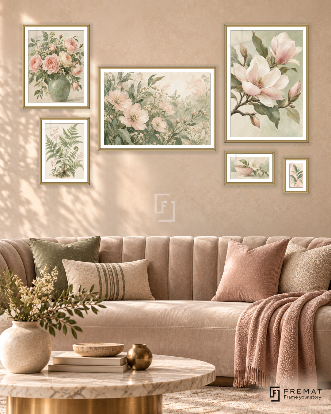Garden Notes Statement gallery wall: 6 framed artworks in Gold, arranged across 170 × 100 cm.