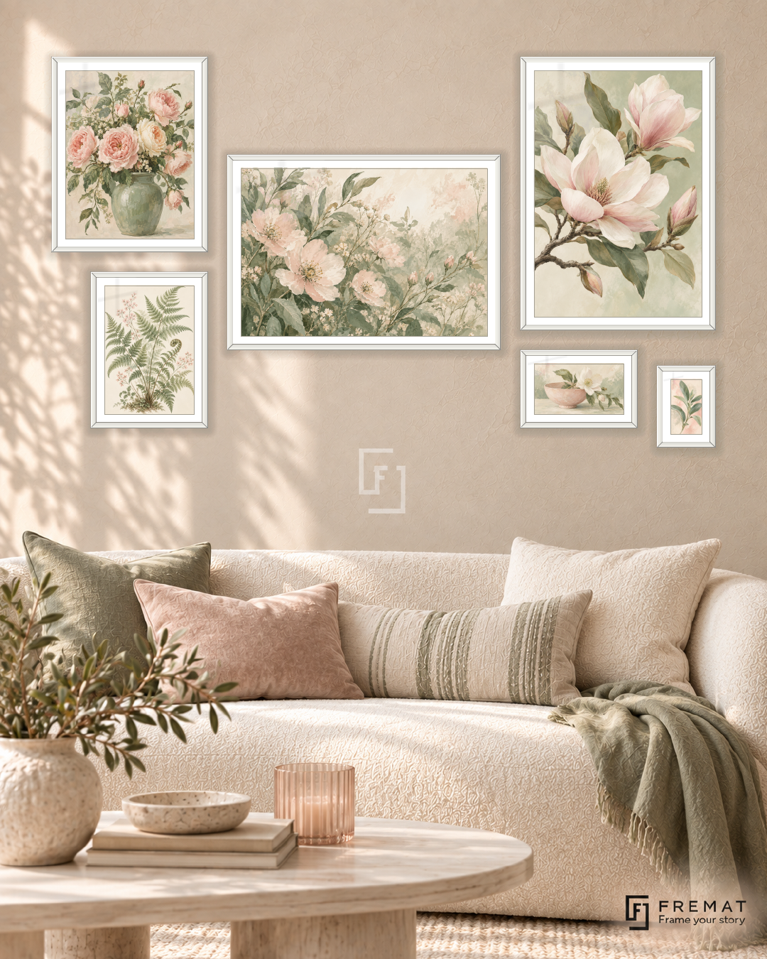 Garden Notes Statement gallery wall: 6 framed artworks in White, arranged across 170 × 100 cm.