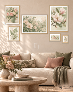 Garden Notes Statement gallery wall: 6 framed artworks in Wooden Texture, arranged across 170 × 100 cm.