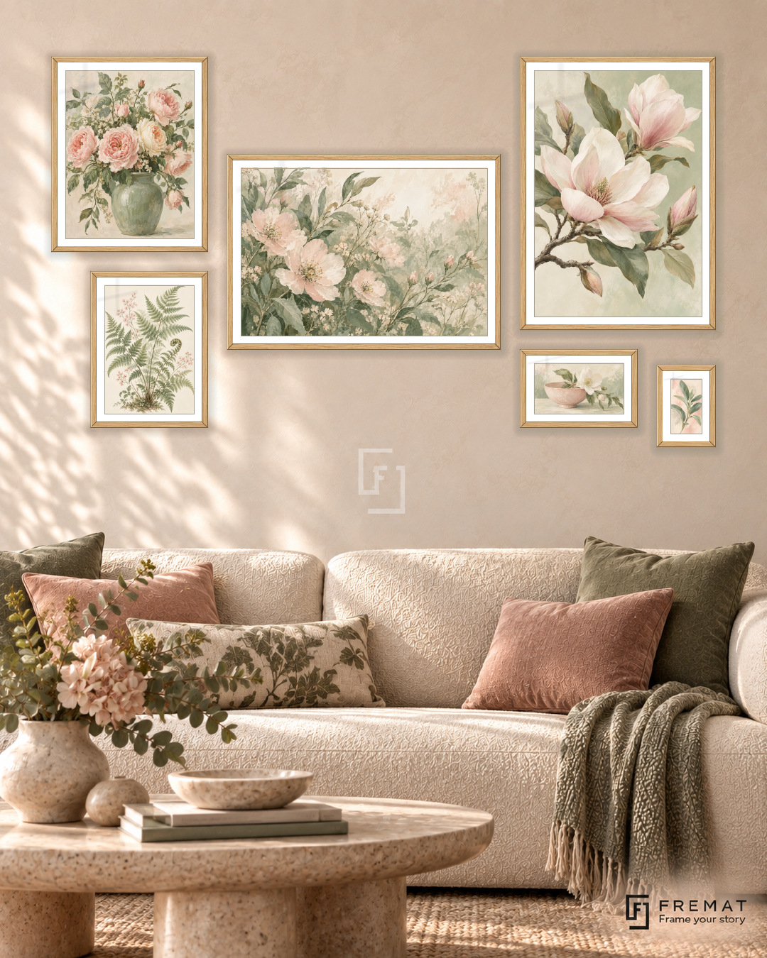 Garden Notes Statement gallery wall: 6 framed artworks in Wooden Texture, arranged across 170 × 100 cm.