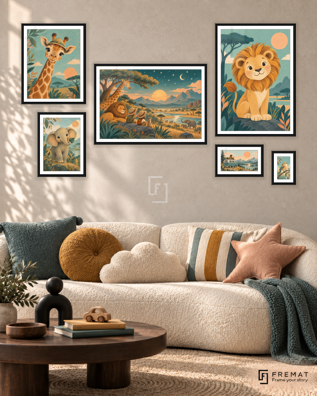 Little Explorers Statement gallery wall: 6 framed artworks in Black, arranged across 170 × 100 cm.