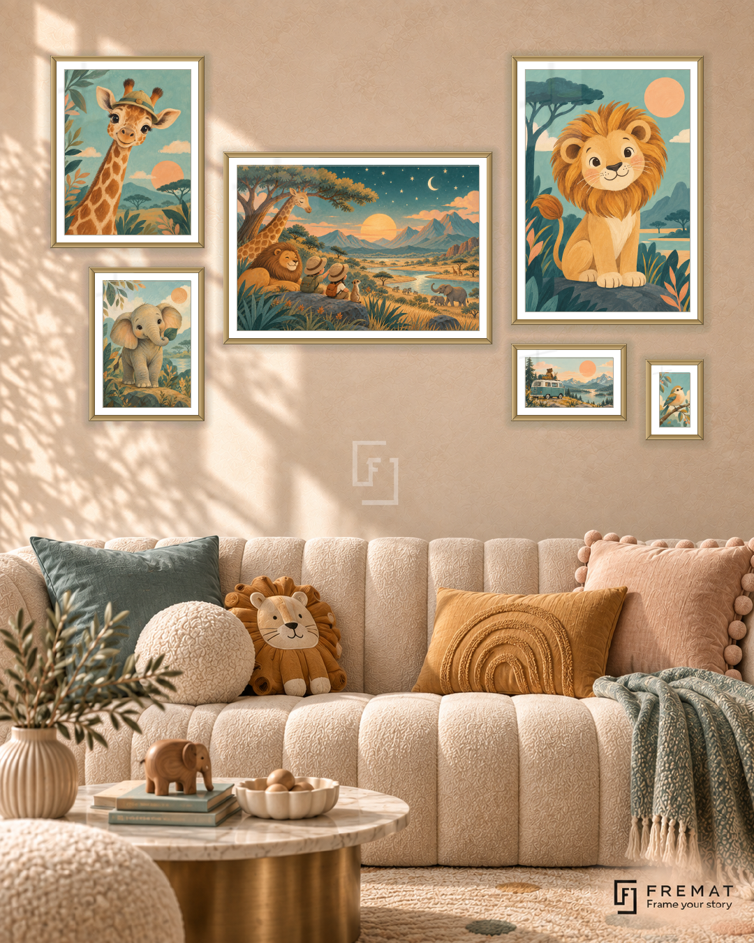Little Explorers Statement gallery wall: 6 framed artworks in Gold, arranged across 170 × 100 cm.