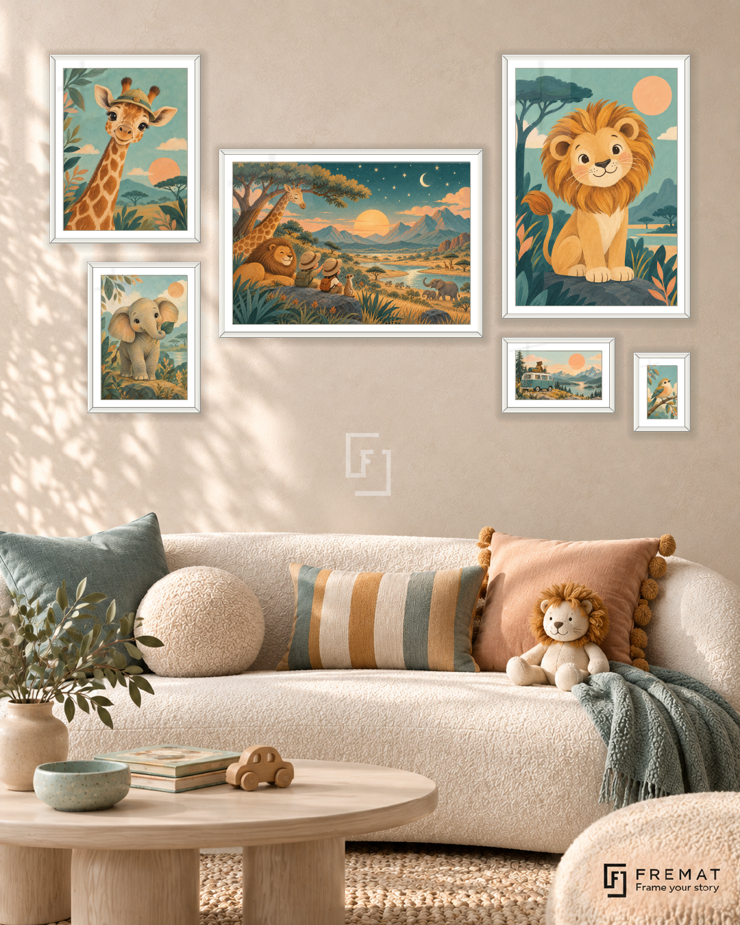 Little Explorers Statement gallery wall: 6 framed artworks in White, arranged across 170 × 100 cm.