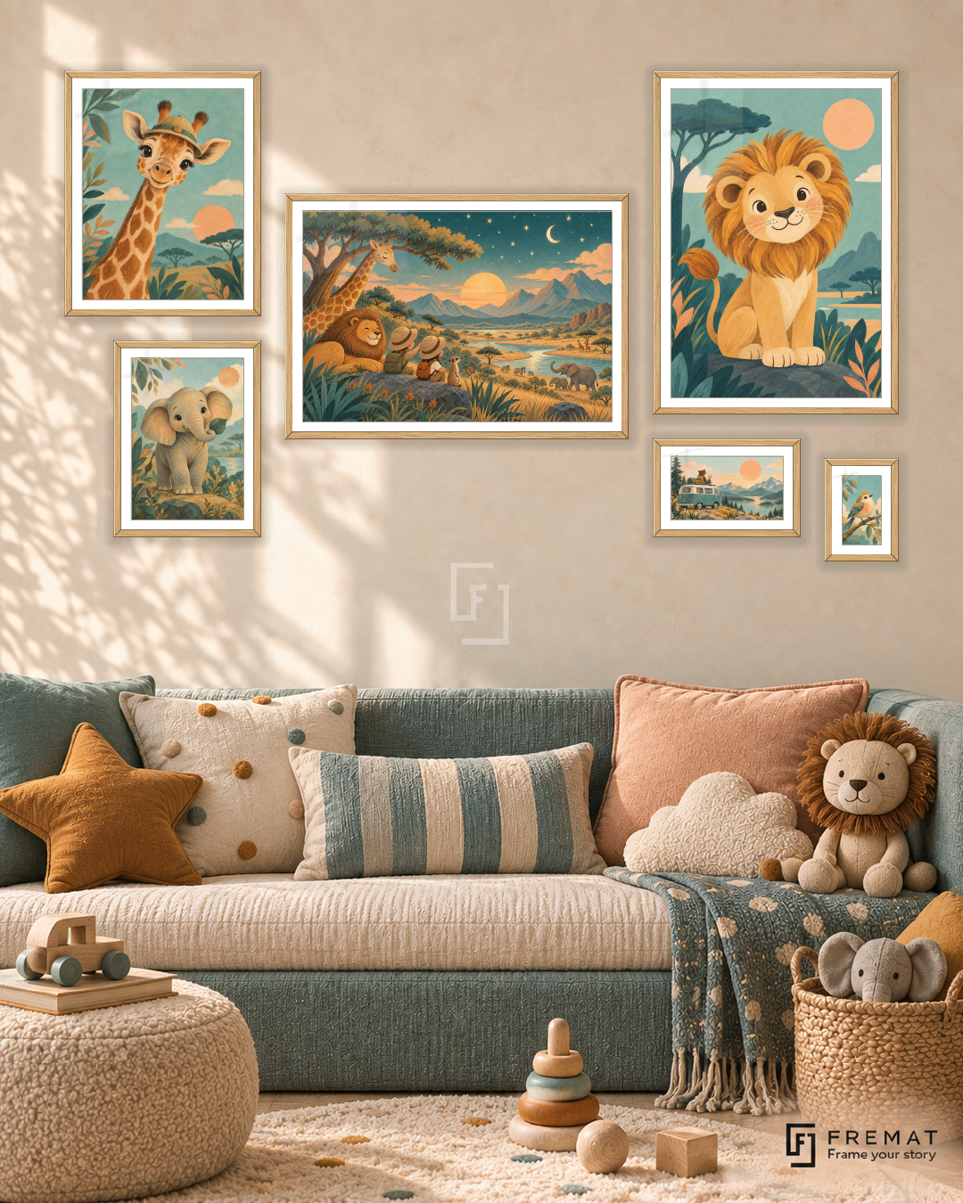 Little Explorers Statement gallery wall: 6 framed artworks in Wooden Texture, arranged across 170 × 100 cm.