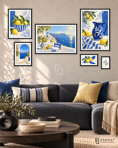 Mediterranean Morning Statement gallery wall: 6 framed artworks in Black, arranged across 170 × 100 cm.