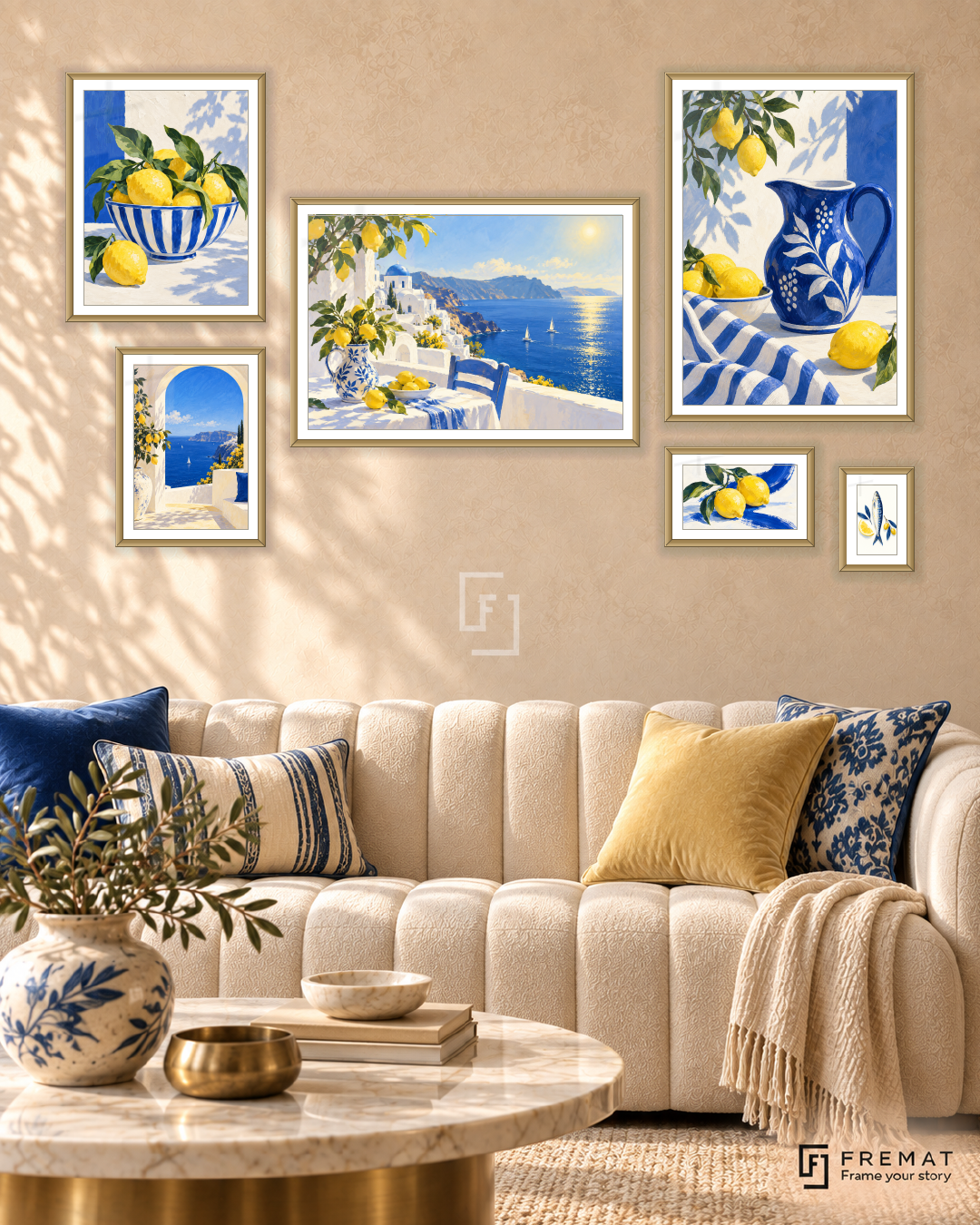 Mediterranean Morning Statement gallery wall: 6 framed artworks in Gold, arranged across 170 × 100 cm.