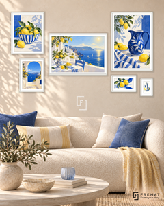 Mediterranean Morning Statement gallery wall: 6 framed artworks in White, arranged across 170 × 100 cm.