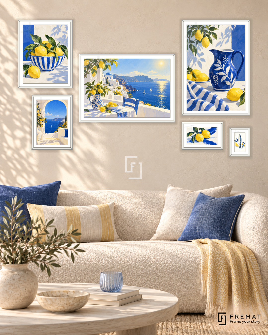 Mediterranean Morning Statement gallery wall: 6 framed artworks in White, arranged across 170 × 100 cm.