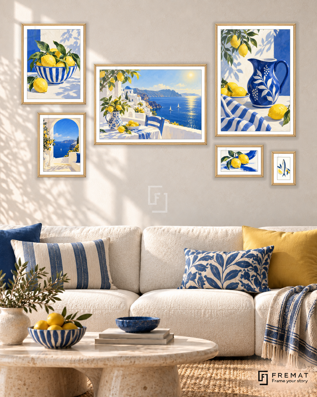 Mediterranean Morning Statement gallery wall: 6 framed artworks in Wooden Texture, arranged across 170 × 100 cm.