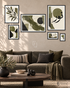 Olive And Ink Statement gallery wall: 6 framed artworks in Black, arranged across 170 × 100 cm.
