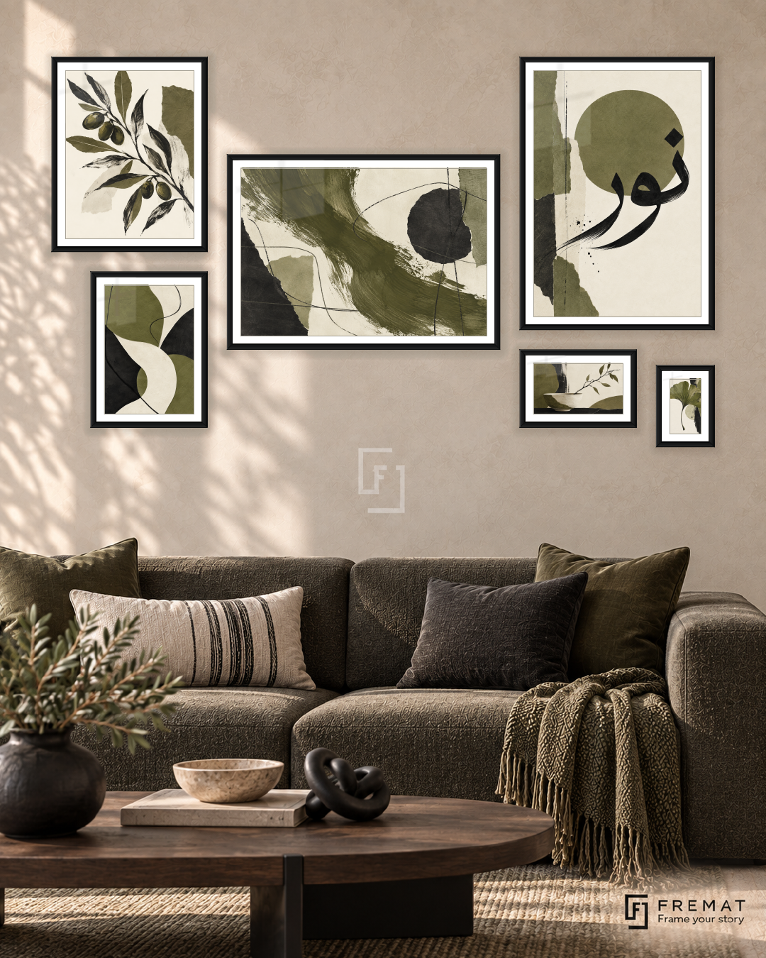 Olive And Ink Statement gallery wall: 6 framed artworks in Black, arranged across 170 × 100 cm.