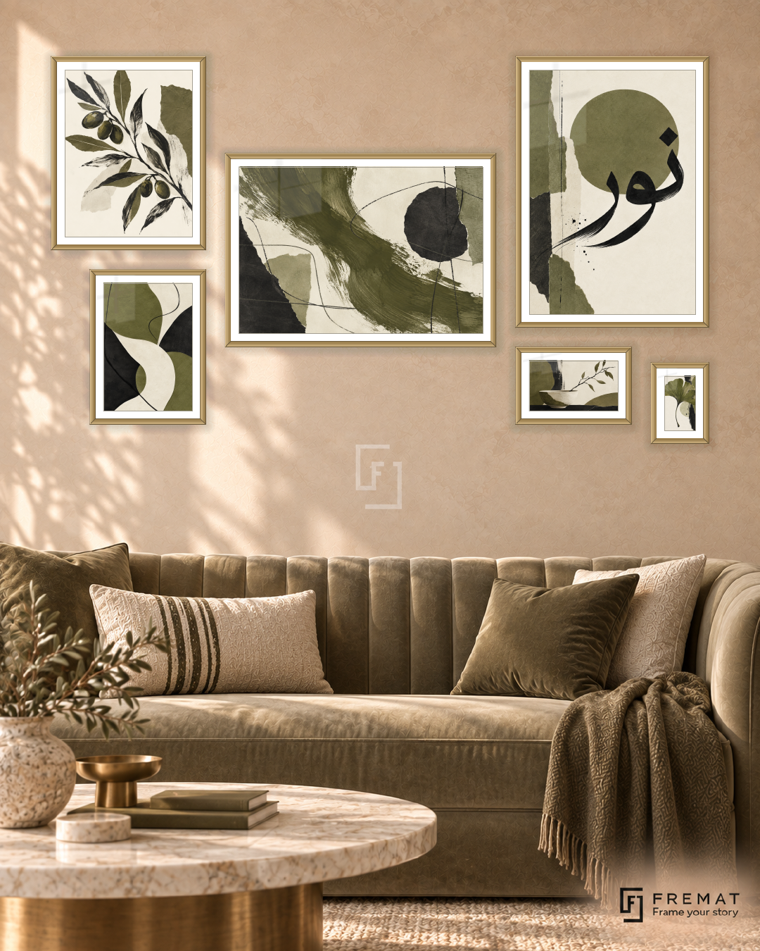 Olive And Ink Statement gallery wall: 6 framed artworks in Gold, arranged across 170 × 100 cm.