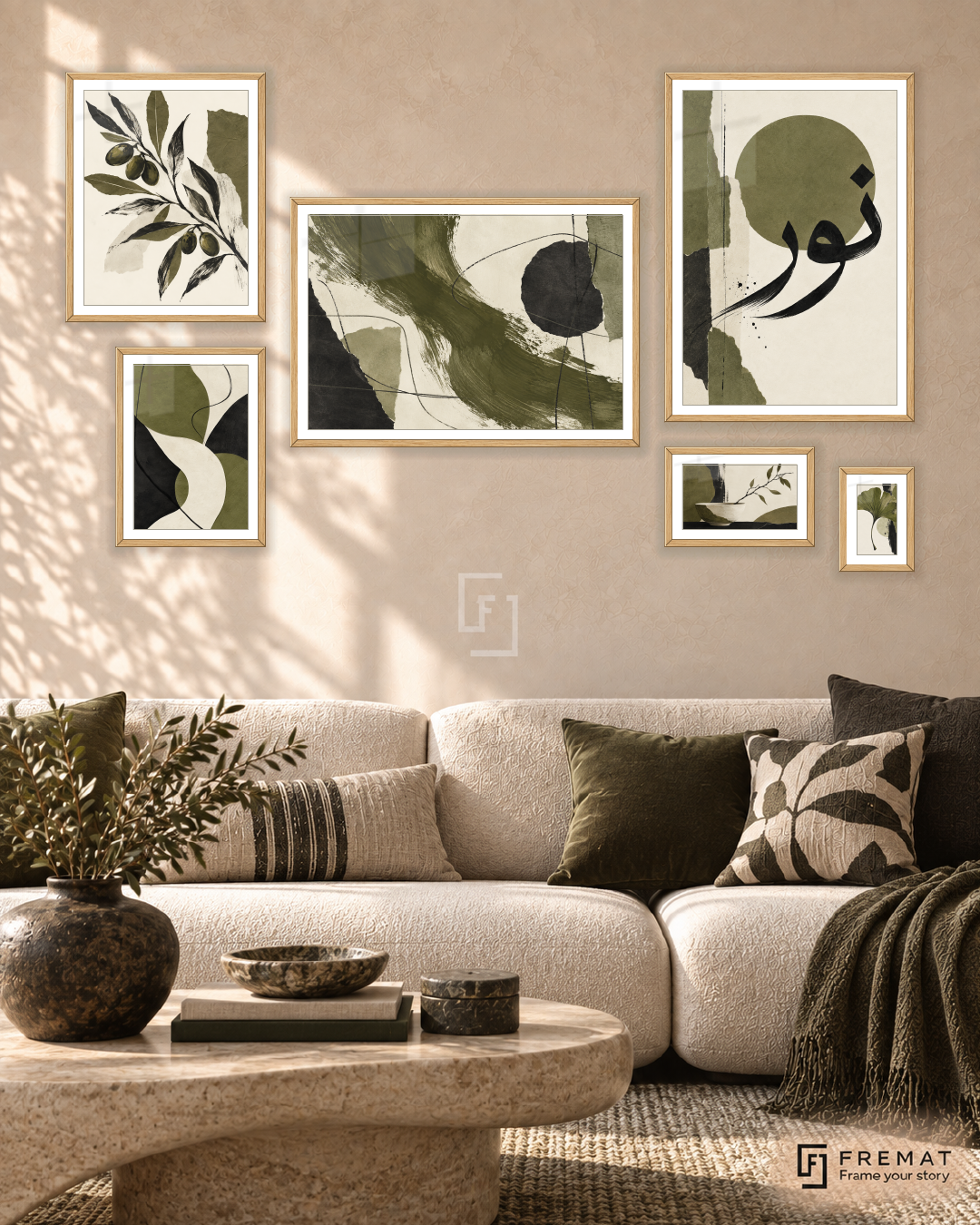 Olive And Ink Statement gallery wall: 6 framed artworks in Wooden Texture, arranged across 170 × 100 cm.