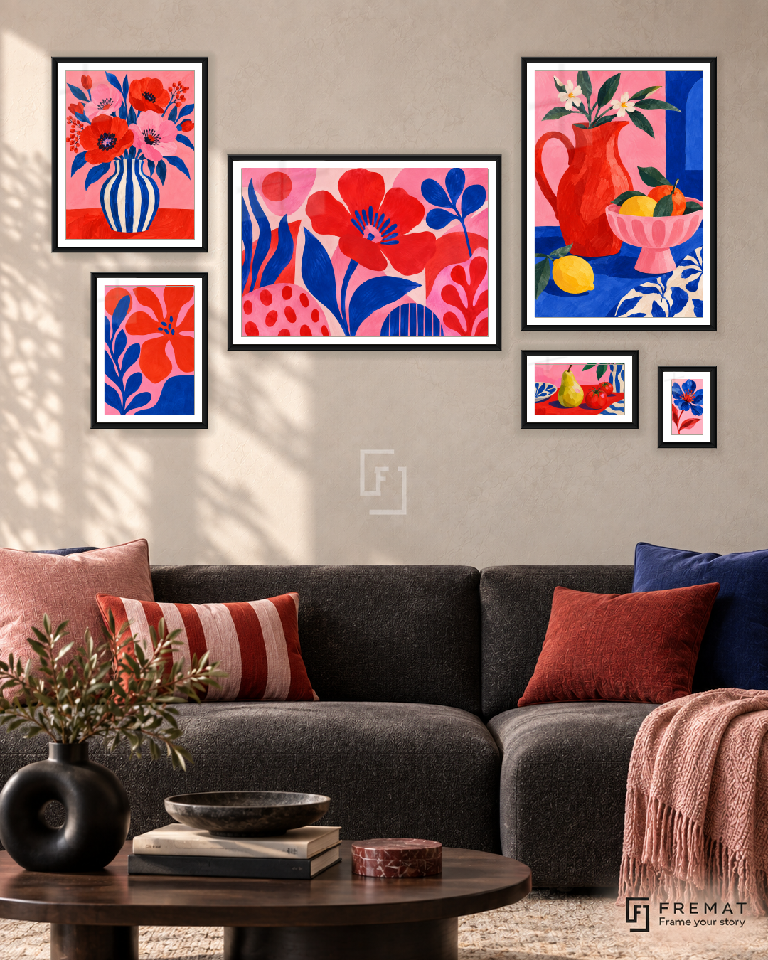 Playful Palette Statement gallery wall: 6 framed artworks in Black, arranged across 170 × 100 cm.