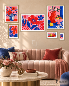 Playful Palette Statement gallery wall: 6 framed artworks in Gold, arranged across 170 × 100 cm.