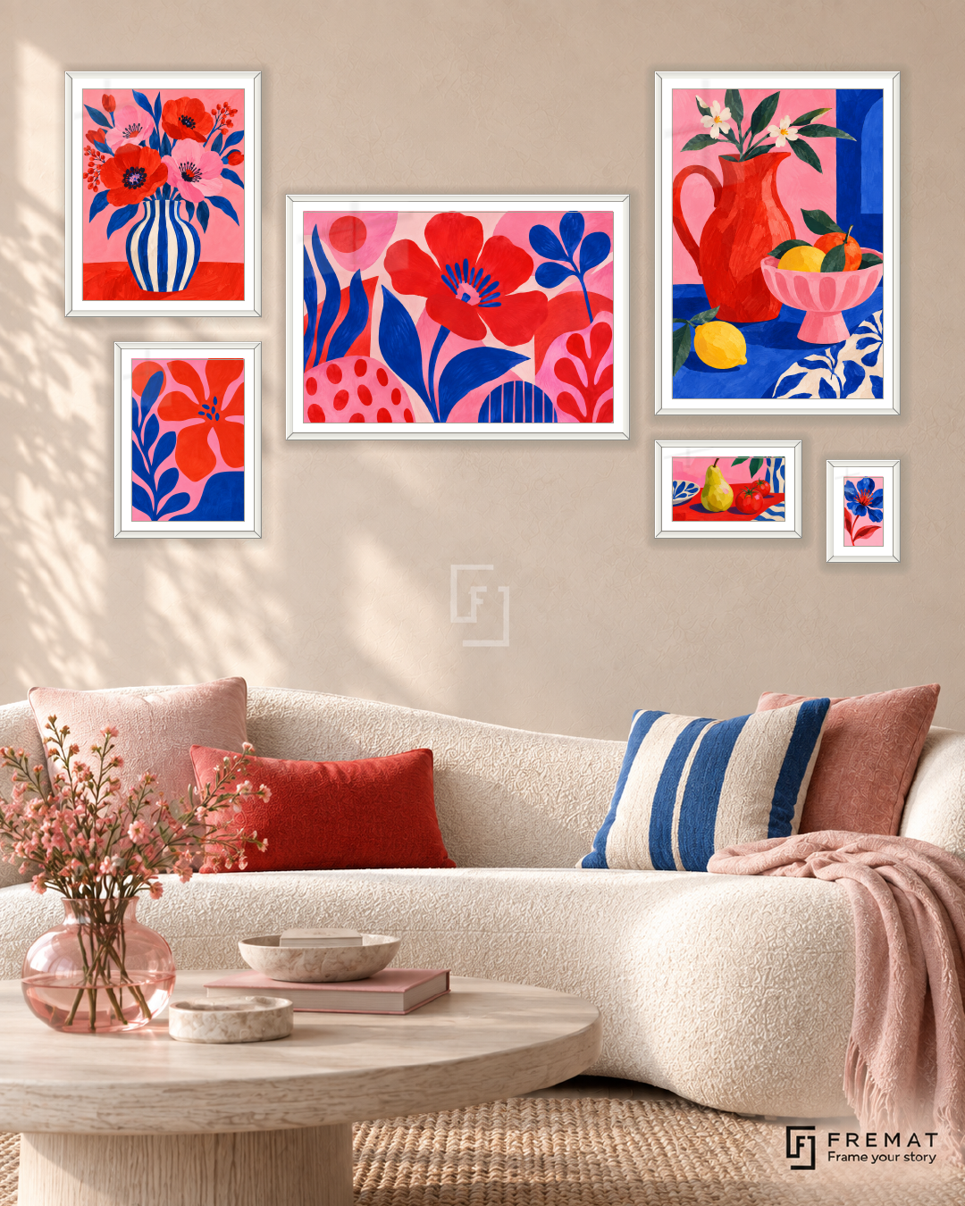 Playful Palette Statement gallery wall: 6 framed artworks in White, arranged across 170 × 100 cm.
