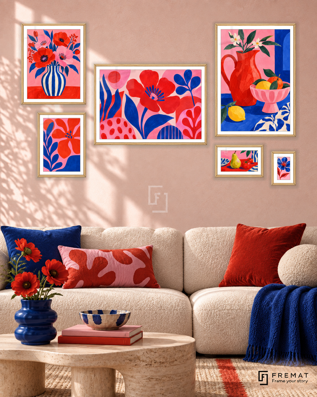 Playful Palette Statement gallery wall: 6 framed artworks in Wooden Texture, arranged across 170 × 100 cm.