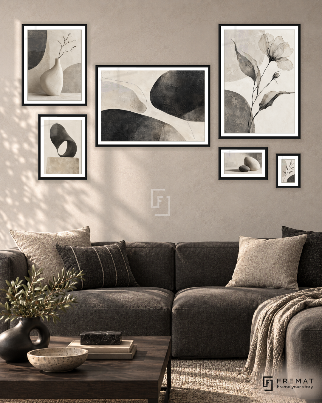 Quiet Forms Statement gallery wall: 6 framed artworks in Black, arranged across 170 × 100 cm.