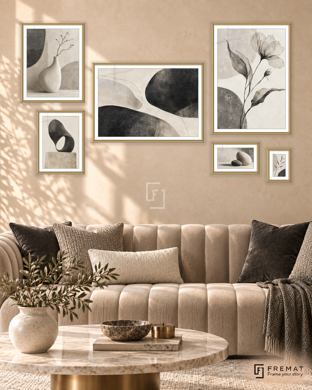 Quiet Forms Statement gallery wall: 6 framed artworks in Gold, arranged across 170 × 100 cm.