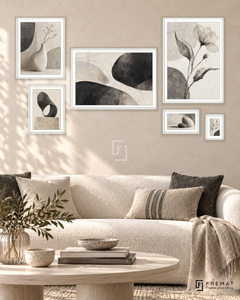 Quiet Forms Statement gallery wall: 6 framed artworks in White, arranged across 170 × 100 cm.