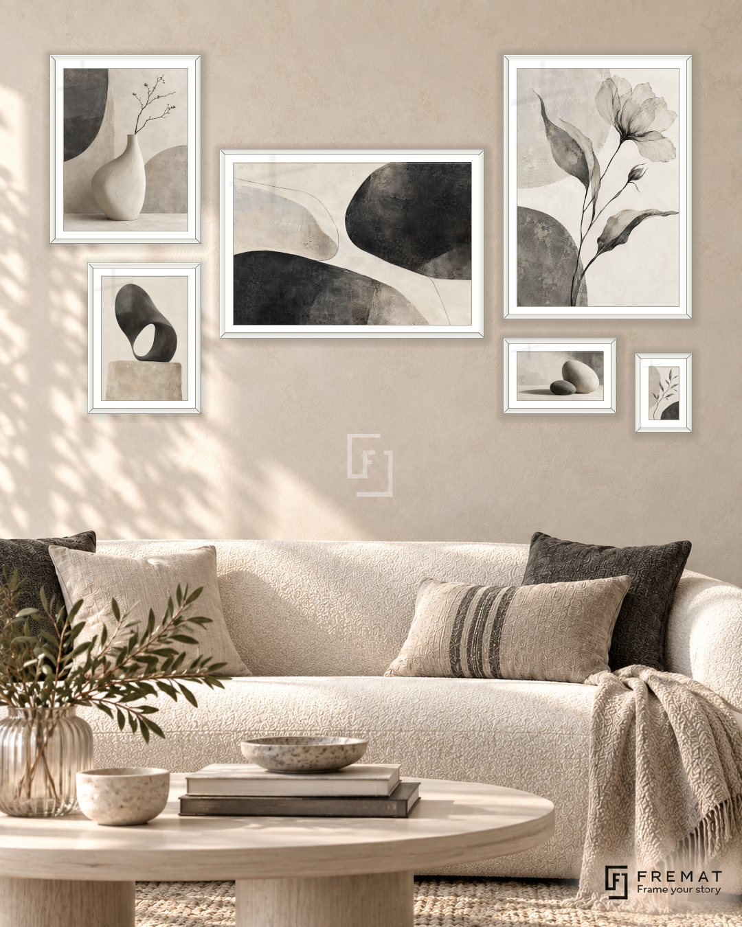 Quiet Forms Statement gallery wall: 6 framed artworks in White, arranged across 170 × 100 cm.