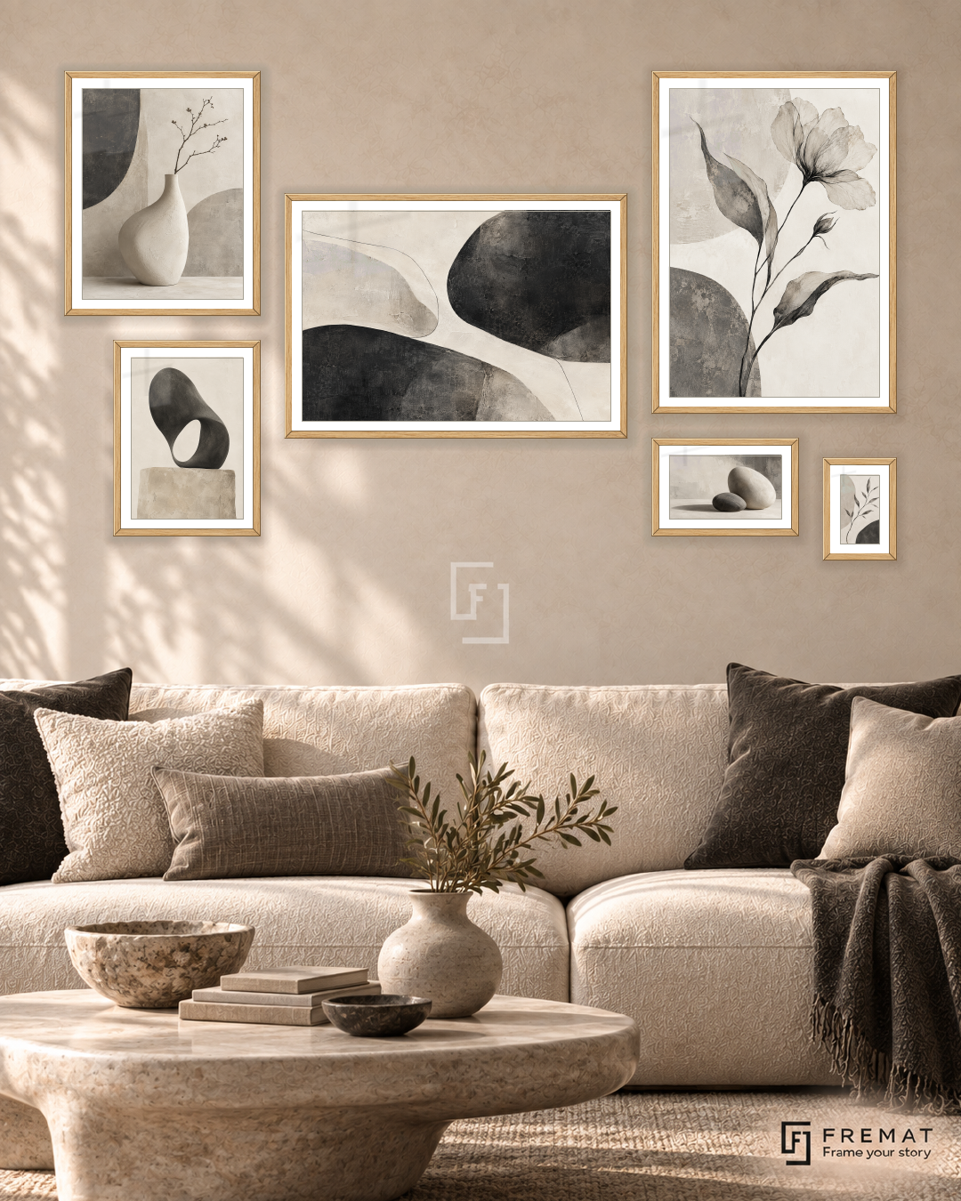 Quiet Forms Statement gallery wall: 6 framed artworks in Wooden Texture, arranged across 170 × 100 cm.