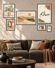 Sunlit Stories Statement gallery wall: 6 framed artworks in Black, arranged across 170 × 100 cm.