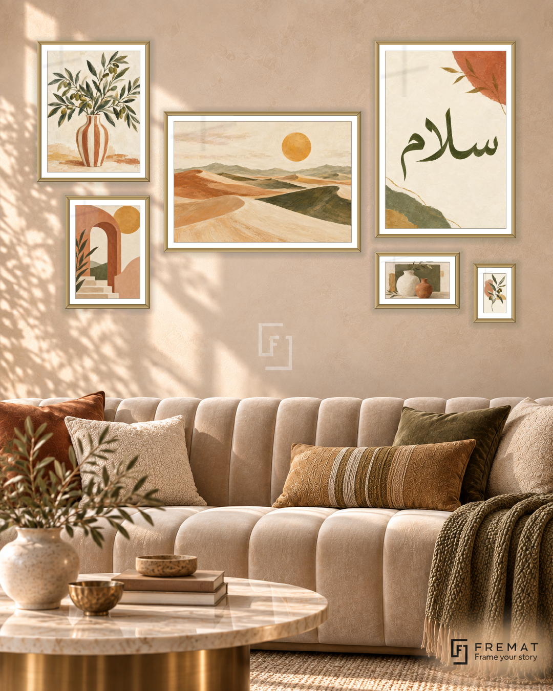 Sunlit Stories Statement gallery wall: 6 framed artworks in Gold, arranged across 170 × 100 cm.