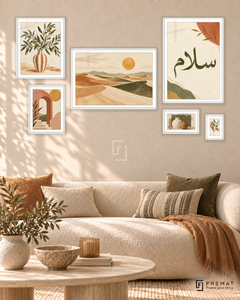 Sunlit Stories Statement gallery wall: 6 framed artworks in White, arranged across 170 × 100 cm.