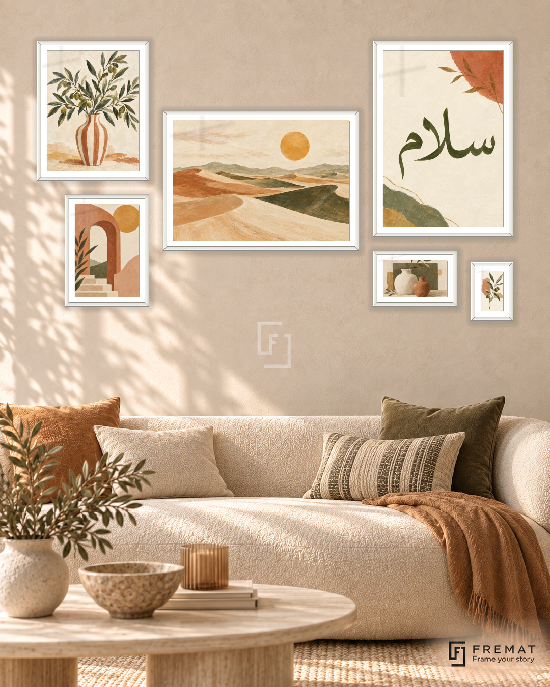 Sunlit Stories Statement gallery wall: 6 framed artworks in White, arranged across 170 × 100 cm.
