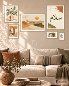 Sunlit Stories Statement gallery wall: 6 framed artworks in Wooden Texture, arranged across 170 × 100 cm.