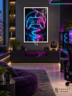 Neon Controller cyan and magenta gaming artwork in a Black PVC frame above a dark console, with purple seating and colored accent lighting.