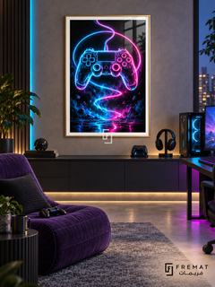 Neon Controller cyan and magenta artwork in a Gold PVC frame above a dark wall console, with purple lounge seating and warm evening lighting.