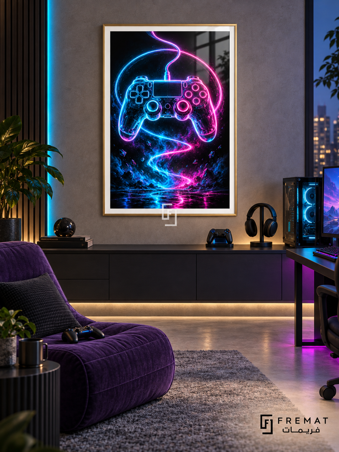 Neon Controller cyan and magenta artwork in a Gold PVC frame above a dark wall console, with purple lounge seating and warm evening lighting.