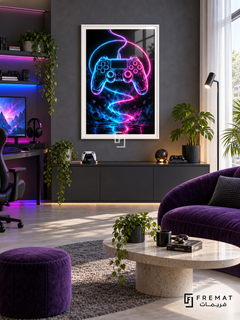 Neon Controller cyan and pink gaming print in a White PVC frame in a sunlit gaming lounge with purple upholstery, black cabinet and round coffee table.