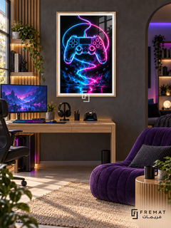 Neon Controller gaming artwork in a Wooden Texture PVC frame above a pale desk with monitor and headphones, beside a purple lounge chair.