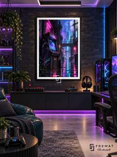 Arcade After Dark gaming artwork in a Black PVC frame with a white printed border, displayed in a dark brick gaming lounge with teal seating and purple lighting.