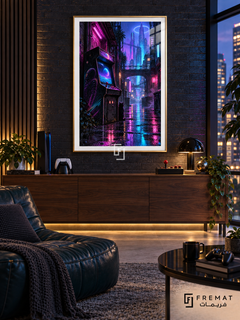Arcade After Dark gaming artwork in a Gold PVC frame with a white printed border, displayed in an evening lounge with a walnut cabinet and teal seating.