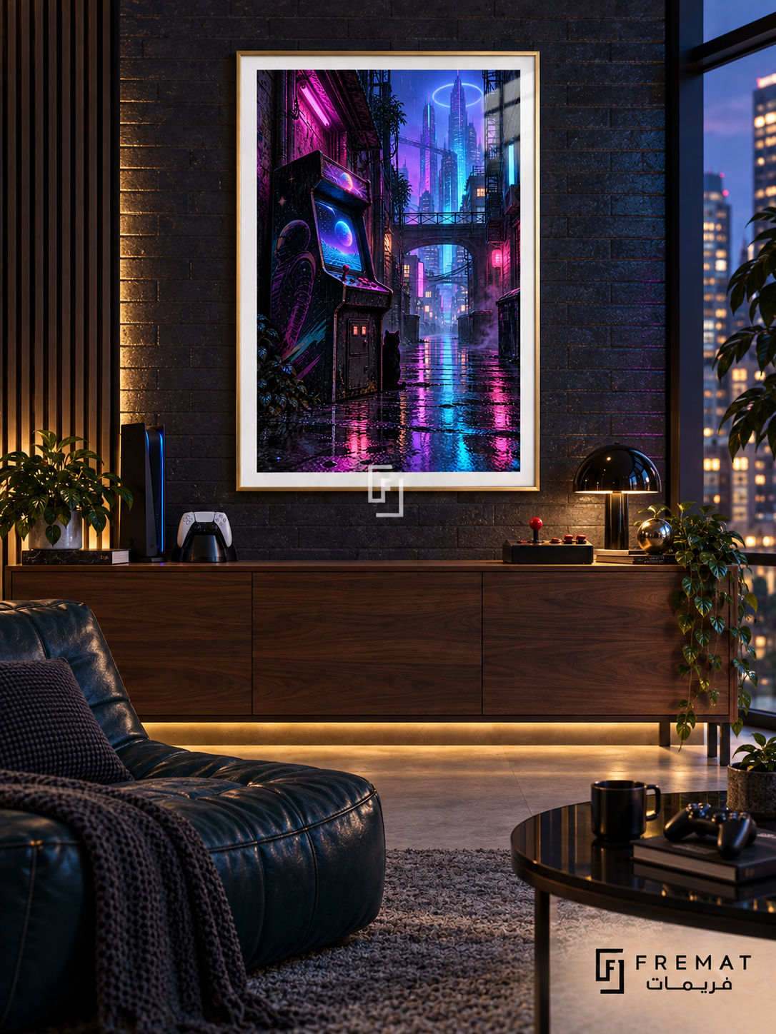 Arcade After Dark gaming artwork in a Gold PVC frame with a white printed border, displayed in an evening lounge with a walnut cabinet and teal seating.
