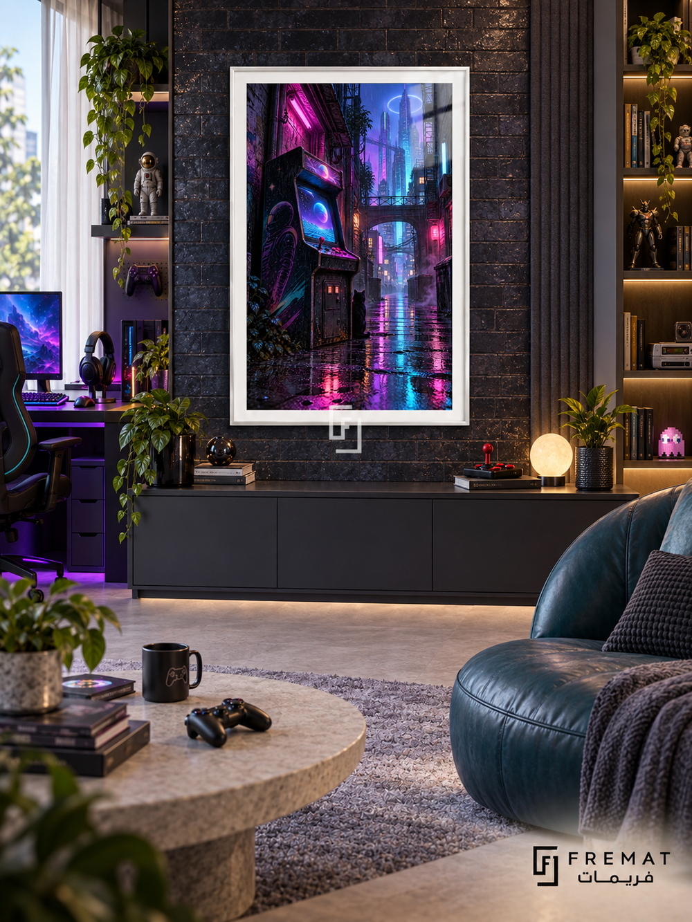 Arcade After Dark gaming artwork in a White PVC frame with a white printed border, displayed in a bright gaming room with dark cabinetry and a teal chair.