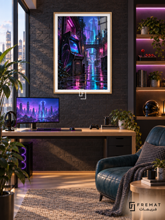 Arcade After Dark gaming artwork in a Wooden Texture PVC frame with a white printed border, displayed in a gaming nook with a pale desk and teal chair.
