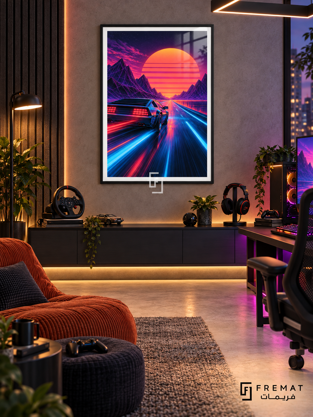 Synthwave Racer gaming artwork in a Black PVC frame with a white printed border, displayed in a gaming lounge with dark console and orange seating.