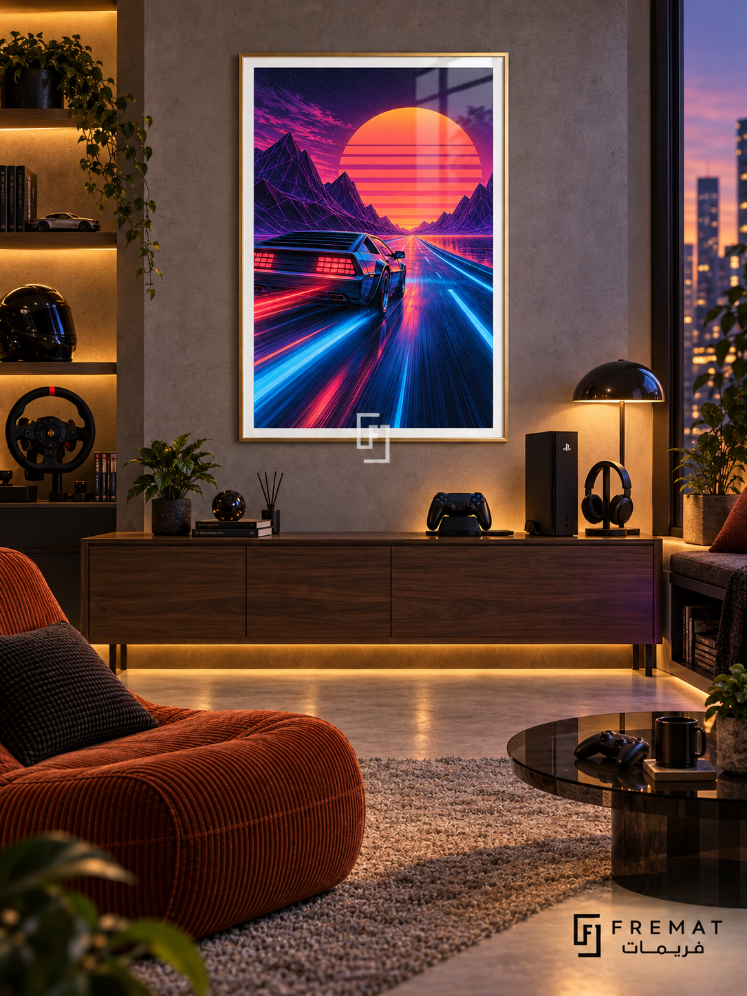 Synthwave Racer gaming artwork in a Gold PVC frame with a white printed border, displayed in an evening console lounge with walnut cabinetry and orange chair.