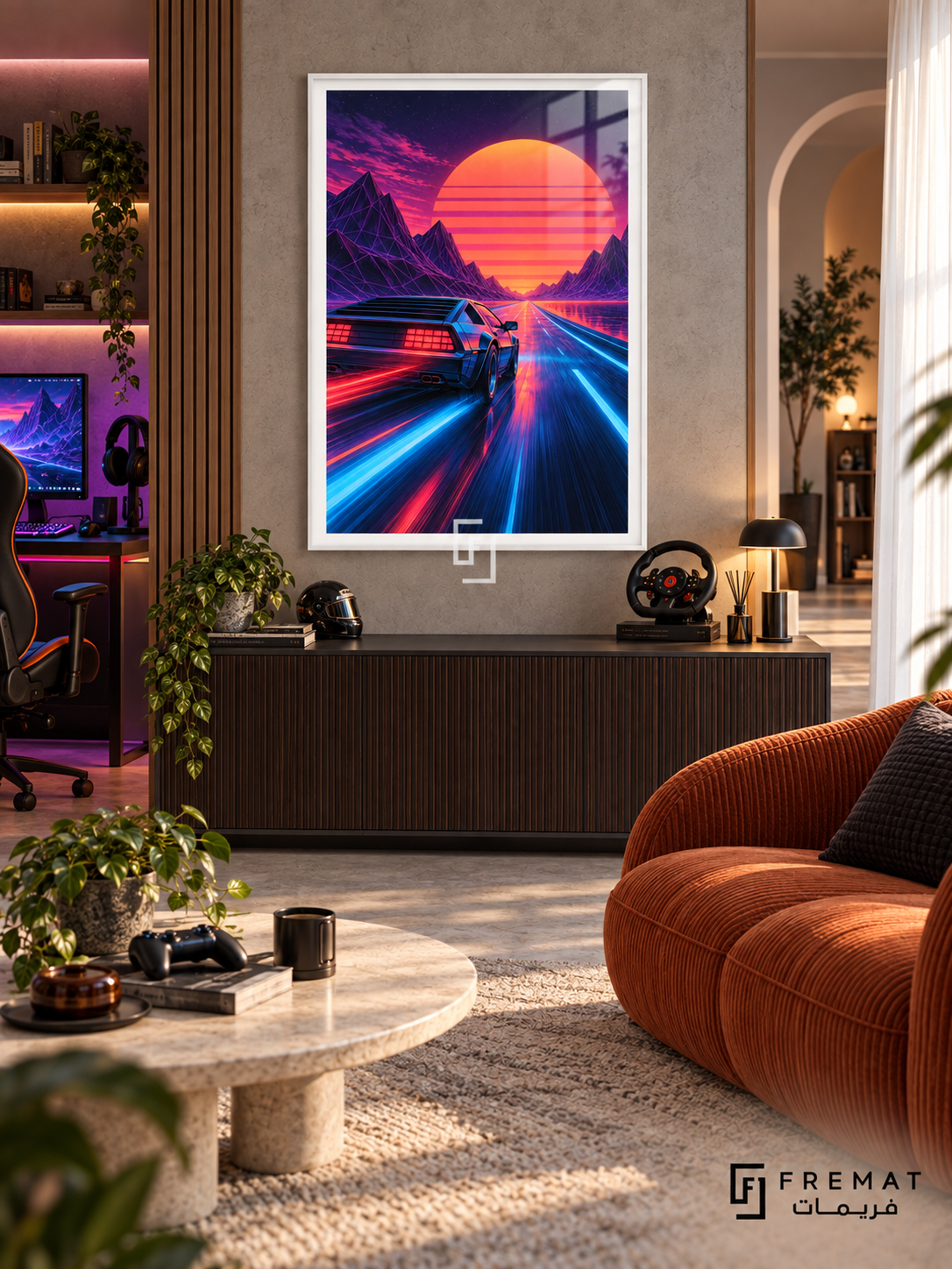 Synthwave Racer gaming artwork in a White PVC frame with a white printed border, displayed in a bright gaming room with orange seating and light coffee table.