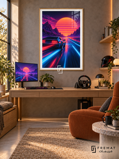 Synthwave Racer gaming artwork in a Wooden Texture PVC frame with a white printed border, displayed in a desk gaming nook with pale furniture and an orange chair.